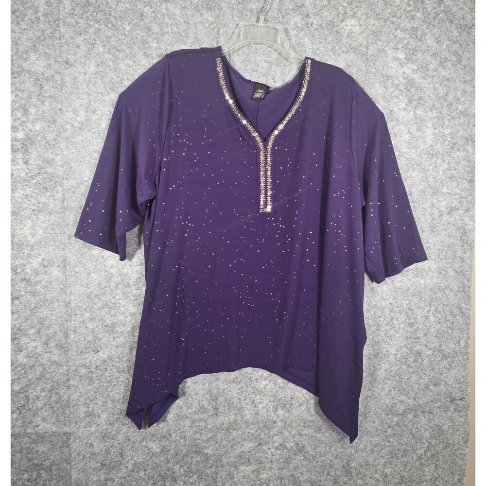 Catherines Women's Tunic V Neck Beaded Detail Long Sleeve Pullover Purple Sz 2X